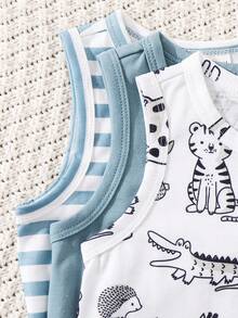 3pcs Newborn Baby Boy Cute Cartoon Striped Sleeveless Knit Romper Set, Summer - Dusty Blue - View 3