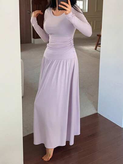 DAZY Solid Color Knit Fitted Top And Loose Long Skirt Women's Loungewear Set