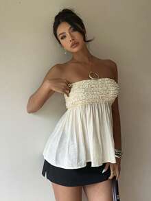 Siren Gaze Women Strapless Smocked Bodice Flared Hem Sleeveless Top, Summer Ladies Casual Wear, Ruffle Trim Strapless Top, Tube Top, Baby Doll Top, Summer Clothes Babydoll Tops Women White Strapless Top Dress Top Summer Tube Top Babydoll Tops For Women Tops For Women For Summer Beautiful Top Beautiful Tops For Women - Apricot - View 8