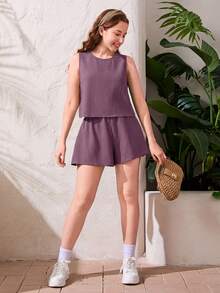 SHEIN Teen Girl's Casual Sleeveless Solid Light Purple Textured Fabric Set, Spring/Summer - Dusty Purple - View 5