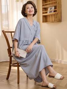 Livesso 女士不对称领口宽松中长连衣裙 - 藍色 - 查看 3