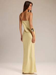 SHEIN BAE Spring/Summer Solid Yellow Satin Lace Slip Dress, Elegant Mermaid Silhouette Solid Yellow Dress Wedding Guest Dress Date Night Dress Everyday Wear Dress Graceful Dress - Yellow - View 2