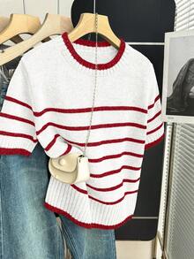 Franclia Nueva llegada Primavera/Verano Estilo coreano Casual Suelta Personalizada Blusa de punto de mujer a rayas con contraste de color - Rojo y blanco - Ver 7