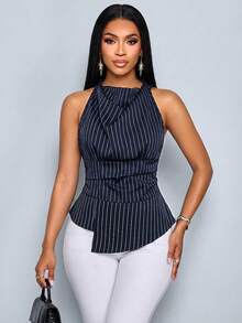 SOLERSUN 春夏女式无袖打结领褶裥不对称下摆衬衫裙，蓝色无弹梭织面料，适合休闲和通勤穿着 - 藏蓝色 - 查看 6