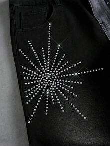 ROMWE MEN Street Life Spring/Summer Casual Graphic Men'S Contrast Color Rhinestone Pocket Fashionable Versatile Casual Commuting Denim Shorts - Black - View 3