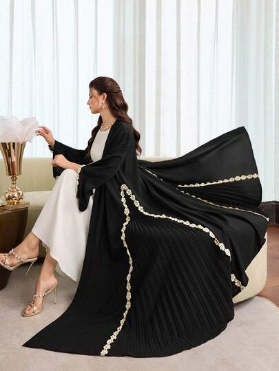 Al Najma 简约纯色荷叶边侧褶长袖宽松常规款女式长袍，适合春秋季穿着