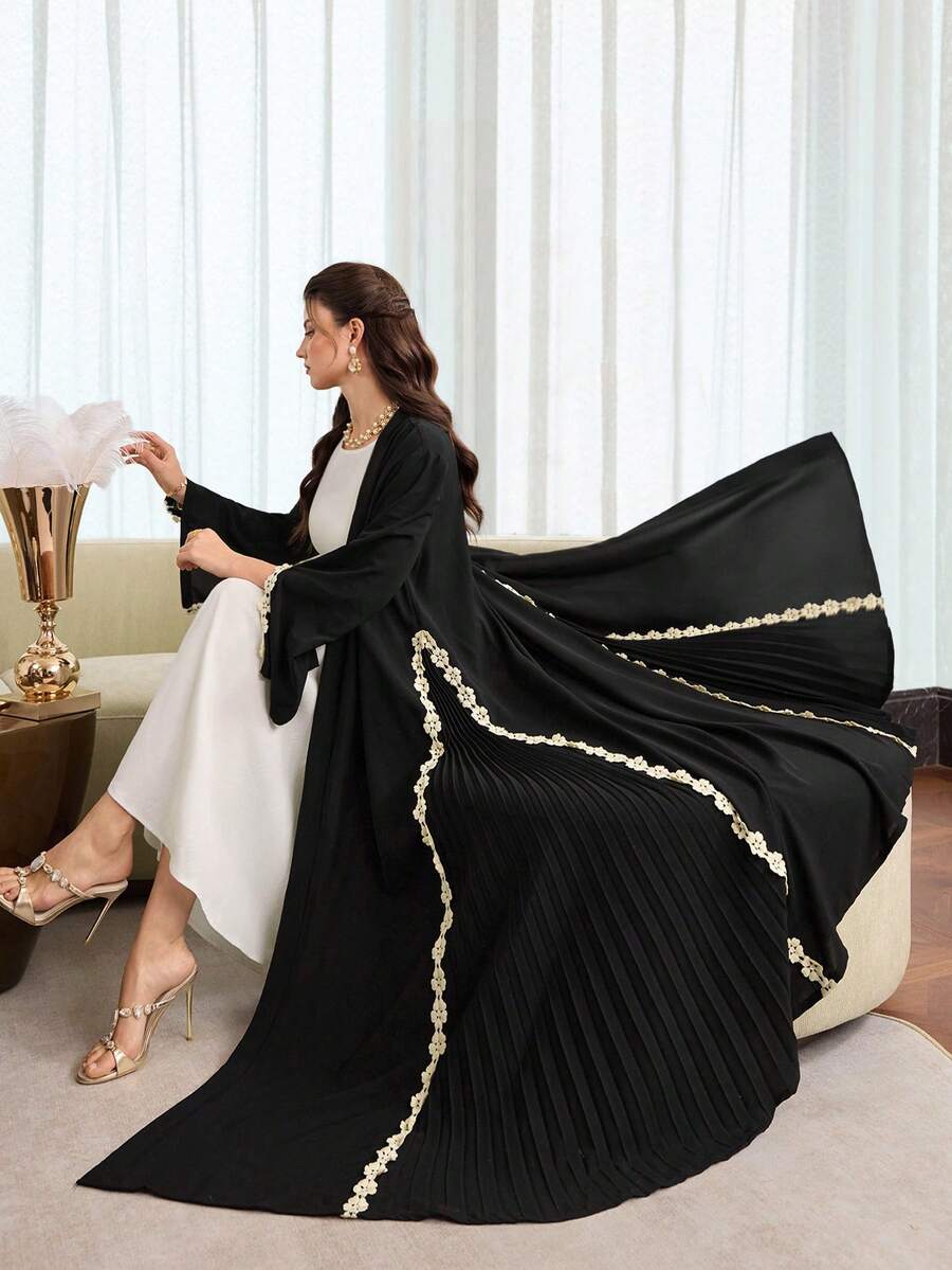Al Najma Áo Abaya dáng rộng, đơn sắc, tối giản, màu trơn, xếp ly hai bên, tay dài, kiểu dáng thường ngày, dành cho nữ, mùa xuân/thu. - màu đen - Xem 1