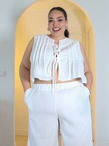 Pretty and Ole Plus Size Women's Boho Beach Music Festival Tropical Vacation Outfit, Casual Sleeveless Ruffle Tie Blouse And Straight Pocket Pants Set, Suitable For Spring/Summer Daily Wear - White - View 5