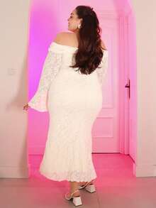 Pretty and Ole Vestido maxi elegante de encaje color albaricoque con hombros descubiertos para mujer de talla grande, adecuado para Año Nuevo, Día de San Valentín, citas, fiestas, uso diario y vacaciones elegantes - Beis - Ver 2