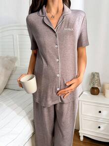 SHEIN Set de ropa de estar en casa de maternidad con bordado de letras y ribete de contraste en las mangas cortas - Caqui - Ver 3