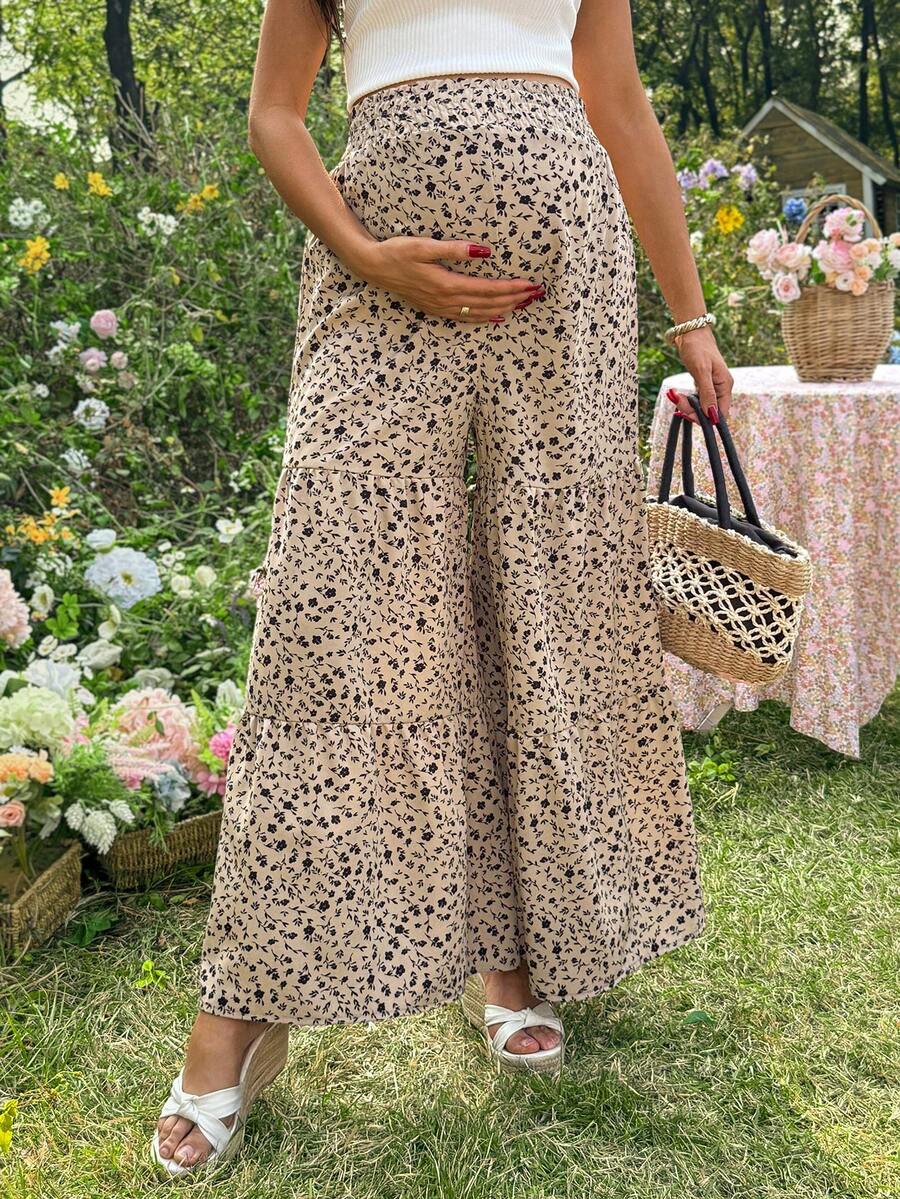 SHEIN Maternity Summer Ditsy Floral Loose Wide-Leg Pants - Khaki - View 1