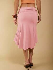 COSMINA Falda marrón elegante y asimétrica con drapeado, adecuada para primavera y verano - Rosa - Ver 2