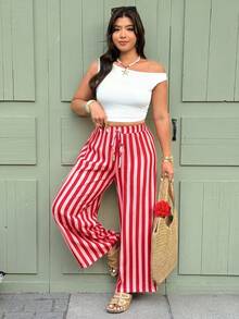 Vionelle 大码女式休闲度假通勤撞色条纹印花系带宽松阔腿裤 - 紅色 - 查看 7