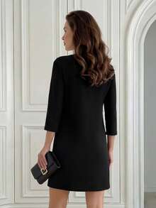 Miaspire Váy ngắn hai túi đính ngọc trai thanh lịch dành cho nữ - màu đen - Xem 2