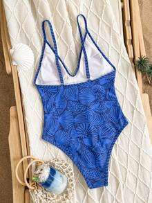 Swim Mod Women's Adjustable Spaghetti Strap Printed One-Piece Backless High-Cut Swimsuit, Suitable For Vacation - Blue - View 6