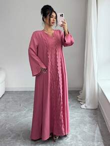 Al Najma Đầm Thổ Nhĩ Kỳ Ả Rập dài tay dáng rộng, thanh lịch, thoải mái, tối giản dành cho nữ, viền ren. - Hồng - Xem 4