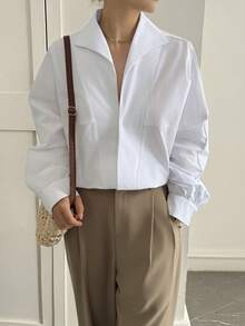 Livesso Women's White Solid Color Cotton Collared Shirt, Suitable For Commuting, Spring - White - View 5