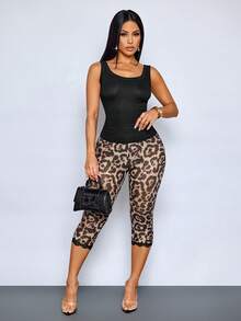 SOLERSUN Leggings capri de malla con decoración de encaje y estampado de leopardo de moda y sexy (floral aleatorio) para mujer - Marrón - Ver 6