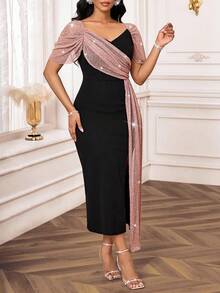 SHEIN Lady Petite Abito elegante da donna di taglia petite, con scollo a cuore, maniche corte a raglan, con paillettes, in rete, con volant laterali e spacco, in colori a contrasto - nero - Visualizzare 6