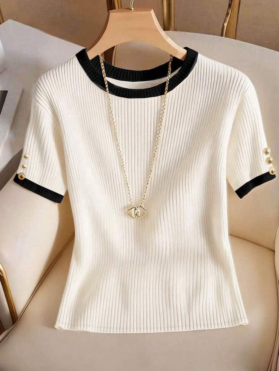 SHEIN Colorblock Ribbed Knit Crew Neck Short Sleeve T-Shirt, Spring/Summer - Black and White - View 1