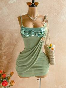 Soleia 春夏新款休闲度假西式海滩婚礼宾客礼服毕业早午餐连衣裙，优雅波西米亚热带风情露背亮片金属装饰荷叶边派对情人节约会迷你连衣裙（女款） - 棕色 - 查看 3