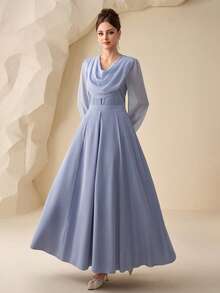 Modelyn 2pcs Blue Elegant Draped Neck Long Sleeve Outfit For Women Dress Modest Long Sleeve Elegant Dress - Blue - View 3