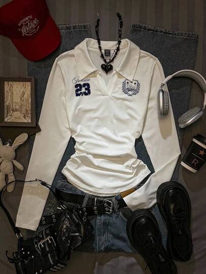 Attitoon Women's Casual Fashion, College Style Badge & Number 23 Print Turndown Collar Long Sleeve T-Shirt, Tight Fit Autumn/Winter Undershirt, White Top, White T-Shirt