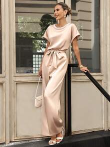 Editum 女士新款优雅收腰修身串珠纯色缎面连体裤，适合日常穿着、婚礼、派对及多种场合。 - 杏色 - 查看 8