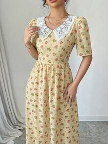 Modelyn 女士彼得潘领印花荷叶边优雅收腰长款派对连衣裙 - 黃色 - 查看 5