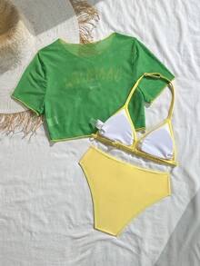 Conjunto de bikini de 3 piezas para niñas preadolescentes con camiseta de bloques de color y estampado de Jamaica, traje de baño deportivo y casual adecuado para vacaciones, playa, natación - Multicolor - Ver 2