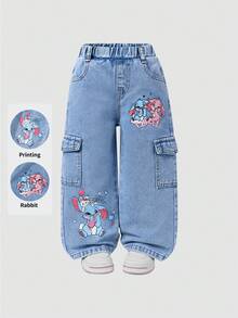 SHEIN ChillGRL 少女连体牛仔裤，带口袋和兔子印花，休闲直筒工装裤，时尚街头潮流，适合校园和日常穿着。蓝色和紫色可爱兔子印花，多口袋设计，宽松版型，水洗浅蓝色牛仔布。松紧腰带穿着舒适，适合日常出游、度假、校园生活、与朋友聚会。 - 藍色 - 查看 8