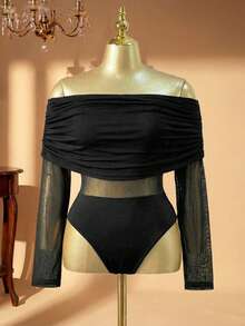 Rometta Body negro manga larga acuchillada con hombros descubiertos talla grande para mujer - Negro - Ver 3