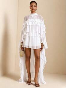 SHEIN Veneréa 女士纯色立领荷叶边披肩式设计百搭日常衬衫 - 白色 - 查看 4