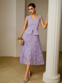 ZEYLAH Elegant Patchwork 2 In 1 Cut-Out Pleat Dress - Mauve Purple - View 1