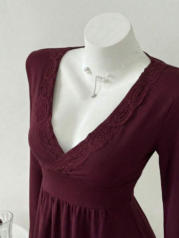 Elamini Casual Elegant Versatile Deep V-Neck Long Sleeve Lace Top, Autumn/Winter Sweetheart Neckline Dinner Date Burgundy