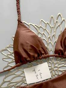 Swim Vcay 2026春夏棕色编织吊带露背侧拼接高衩比基尼泳裤女士度假泳装两件套 - 棕色 - 查看 4