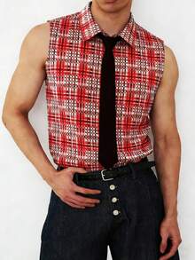 Manfinity Dauomo Men's Casual Plaid Single-Breasted Waistcoat Shirt - Red - View 5