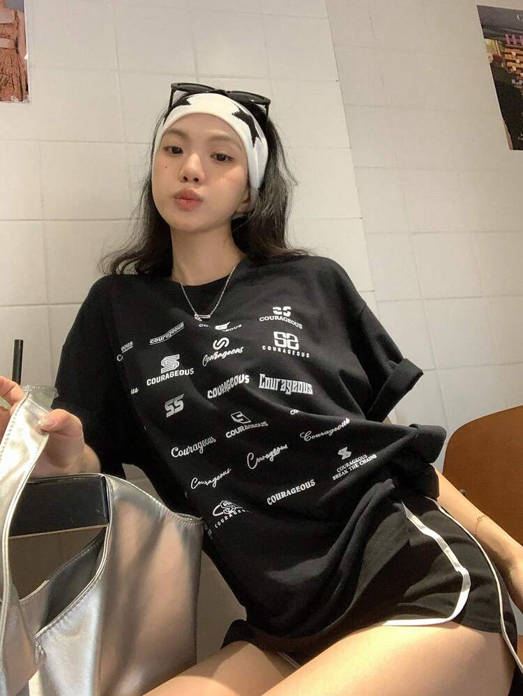 Women's Letter Print Round Neck Dropped Shoulder Casual Loose T-Shirt Graphic Tees Women