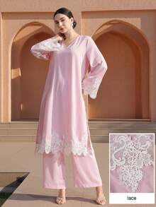 Graceveil Lace Patchwork V-Neck Loose Aging-Reducing Long Top & Straight Leg Pants Women's Elegant Pink 2-Piece Set - Pink - View 5