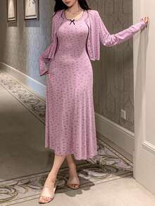 2pcs Women Ditsy Floral Camisole Dress & Long Cardigan Sleepwear Set - Mauve Purple - View 4
