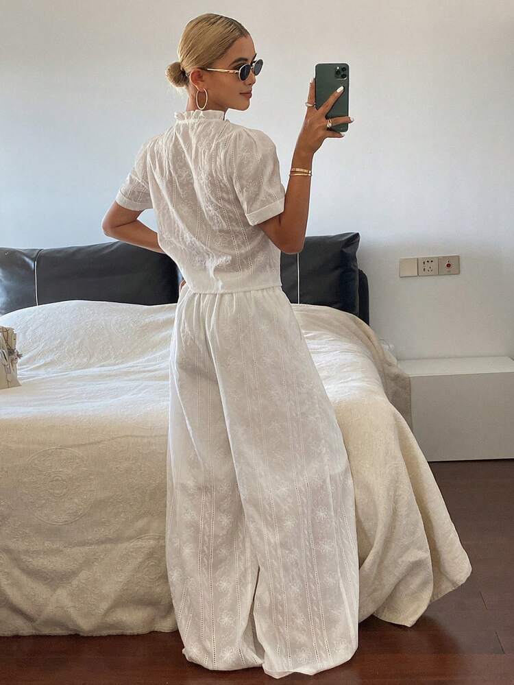 Women's Embroidered Petal Sleeve Tie Front Blouse And Wide Leg Pants 2 Pieces Set, Vacation Style, Spring/Summer/Autumn
