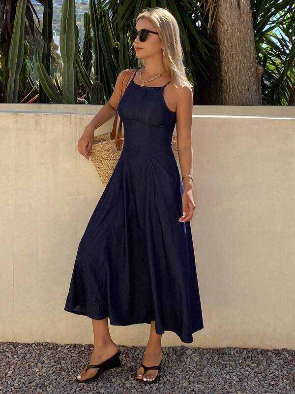 DAZY Vintage Navy Blue Washed Denim Spaghetti Strap Dress, French Style Fitted Slimming Flared Long Dress For Women