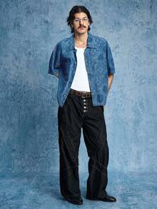 ROMWE MEN Grunge Punk Men's Turndown Collar Single-Breasted Pocket Casual Everyday Denim Short Sleeve Shirt - Blue - View 7