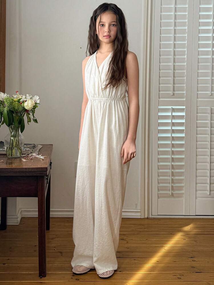 Tween Girls' Summer Casual Solid Color Sleeveless Jumpsuit