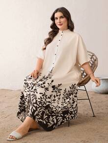 SHEIN Essnce 大码女装春夏时尚休闲宽松舒适日常短袖杏色中长连衣裙，饰有树叶印花，夏季服装，长袍，度假装 - 杏色 - 查看 5