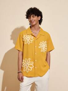 Felipe Marques Men's Floral Embroidery Textured Fabric Loose Fit Short Sleeve Shirt, Casual For Holiday, Party, Beach, Spring/Autumn - Orange - View 3