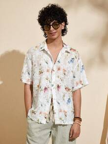 Felipe Marques Men's Floral Hollow Out Short Sleeve Loose Shirt, Casual For Island Resort, Party, Beach In Spring, Summer, Autumn - Multicolor - View 4