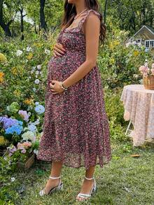 SHEIN 孕妇碎花甜心领荷叶边褶皱露背连衣裙，夏季度假风 - 彩色 - 查看 3