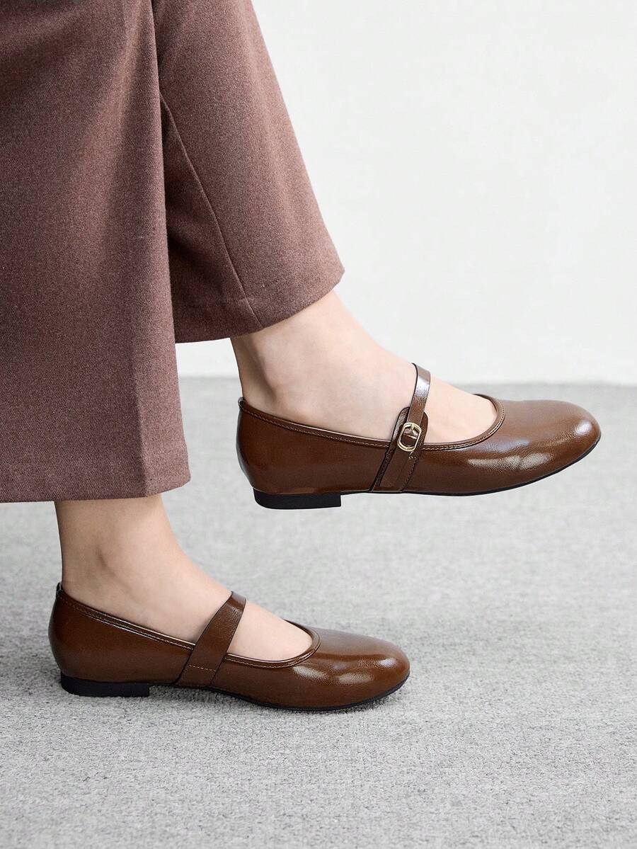 CUCCOO BIZCHIC 女士棕色圆头玛丽珍鞋，简约复古高端鞋履 - 咖啡棕 - 查看 1