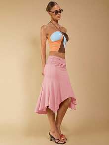 COSMINA Falda marrón elegante y asimétrica con drapeado, adecuada para primavera y verano - Rosa - Ver 3